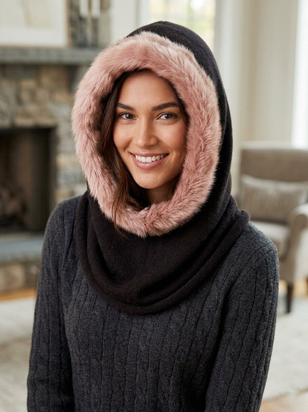 NWOT Portolano Cashmere Wool Blend Faux Fur Trim Hood Hat Snood Scarf Brown